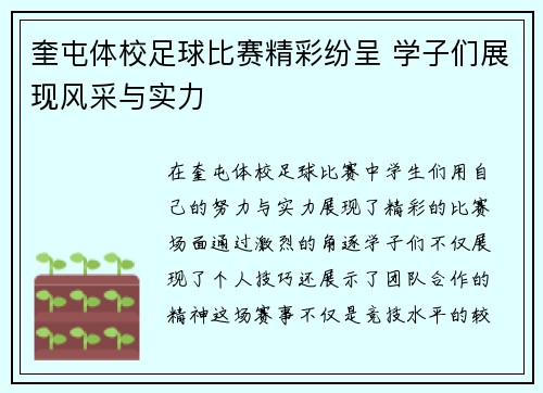 奎屯体校足球比赛精彩纷呈 学子们展现风采与实力