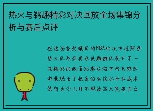 热火与鹈鹕精彩对决回放全场集锦分析与赛后点评