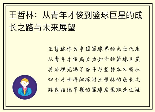 王哲林：从青年才俊到篮球巨星的成长之路与未来展望