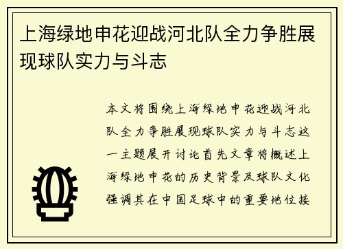 上海绿地申花迎战河北队全力争胜展现球队实力与斗志