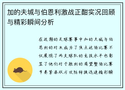 加的夫城与伯恩利激战正酣实况回顾与精彩瞬间分析