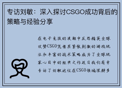 专访刘敏：深入探讨CSGO成功背后的策略与经验分享